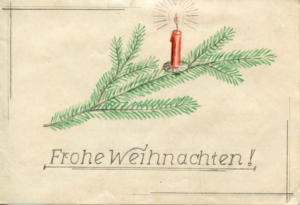 bunte Zeichnung: Tannenzweig mit Kerze, Unterschrift: Frohe Weihnachten!