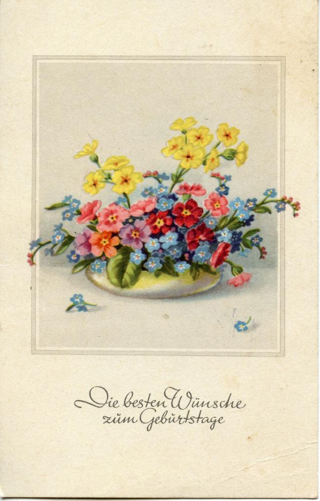 Postkarte: Schale mit bunten Blumen, bunt gemaltes Bild, Unterschrift Die besten Wünsche zum Geburtstage