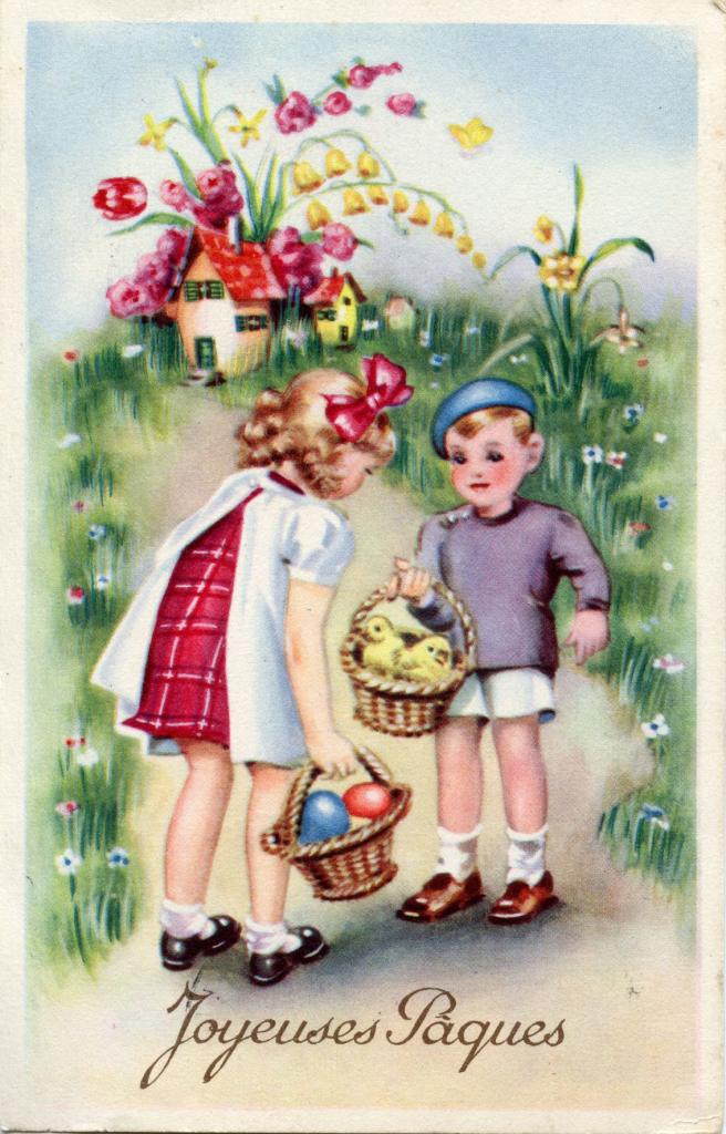 Postkarte: Zwei Kinder mit Osterkörbchen, bunt gemaltes Bild, Unterschrift Joyeuses Paques