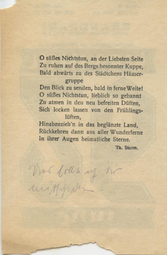 Rückseite Kalenderblatt 26.06.1940, Gedicht Theodor Storm "O süßes Nichtstun", handschriftlich: Das sollte ich Dir mitschicken. 