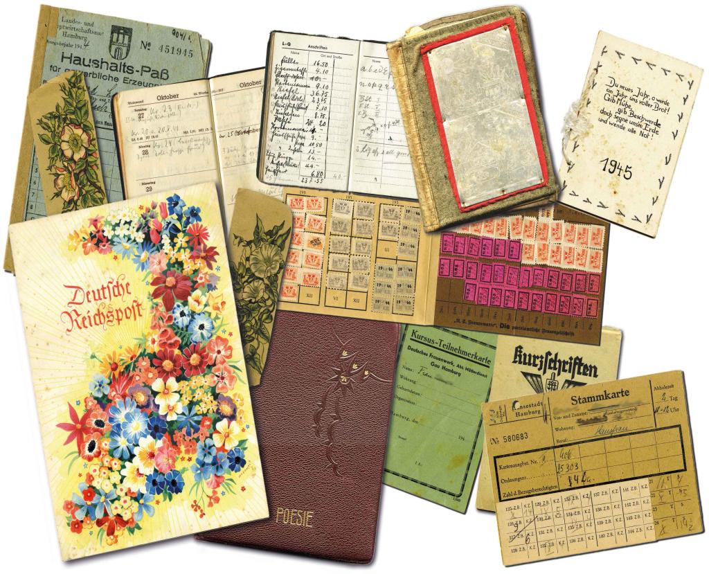 Collage von Schriftstücken, Dokumenten und Postkarten aus dem Konvolut Neuengamme.