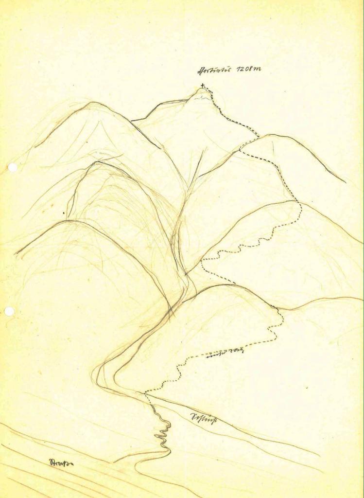 Ausschnitt aus dem Brief. Zeichnung eines großen Berges mit einem Weg zum Gipfel.
