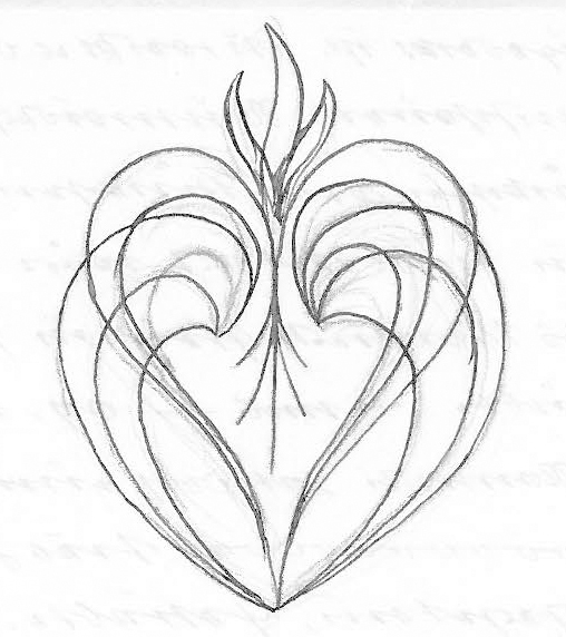 Ausschnitt aus dem Brief. Abstrakte Zeichnung von scheinbar mehreren Herzen, die zu einer Vase mit einer Blume zusammengefügt sind.