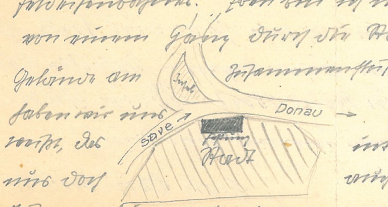 Ausschnitt aus dem Brief. Eine handgezeichnete Straßenkarte ist zu sehen, mit dem Ausschnitt sich kreuzender Flüsse, die Donau und die Save. 