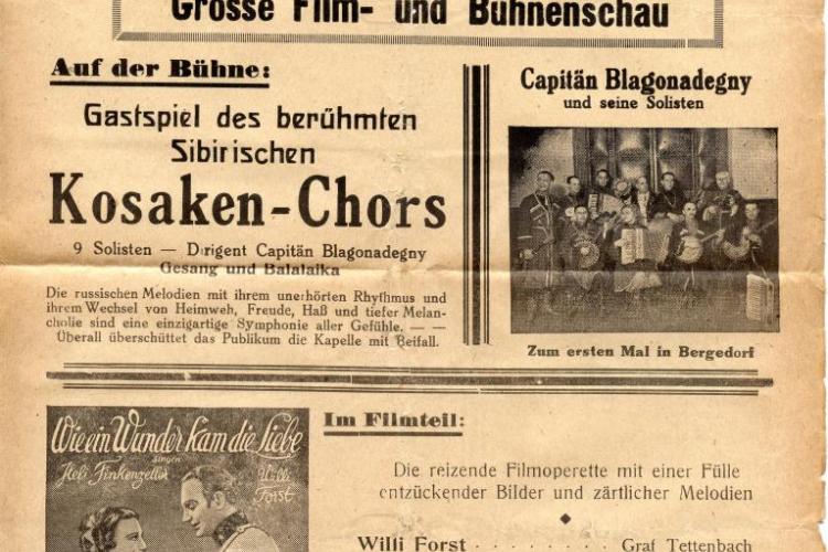 Sonderprogramm Hansa-Lichtspielbühne Bergedorf 3. bis 9. Mai 1940 Gastspiel des berühmten Sibirischen Kosaken-Chors