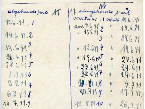 Fotografie einer handgeschriebenen Liste mit Zahlen, aus dem Konvolut Lohbrügge, die Briefdaten sortiert.