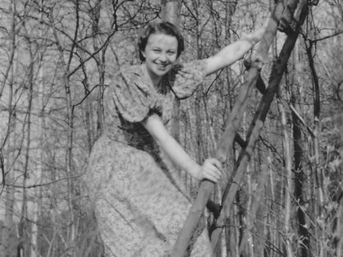 Hilde Nordhoff steht auf einer Leiter und lacht. Im Hintergrund Baumgrün.