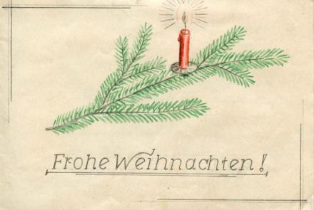 bunte Zeichnung: Tannenzweig mit Kerze, Unterschrift: Frohe Weihnachten!