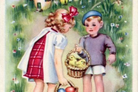 Postkarte: Zwei Kinder mit Osterkörbchen, bunt gemaltes Bild, Unterschrift Joyeuses Paques