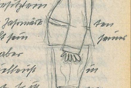 Ausschnitt aus dem Brief. Zeichnung eines Mannes im Profil, eingebettet in den Text.