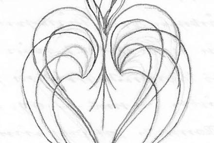Ausschnitt aus dem Brief. Abstrakte Zeichnung von scheinbar mehreren Herzen, die zu einer Vase mit einer Blume zusammengefügt sind.